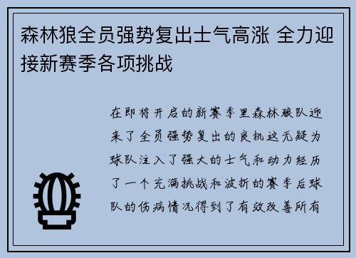 森林狼全员强势复出士气高涨 全力迎接新赛季各项挑战