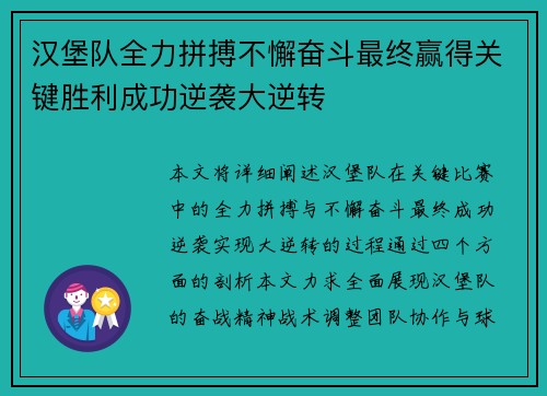 汉堡队全力拼搏不懈奋斗最终赢得关键胜利成功逆袭大逆转