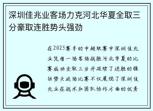 深圳佳兆业客场力克河北华夏全取三分豪取连胜势头强劲