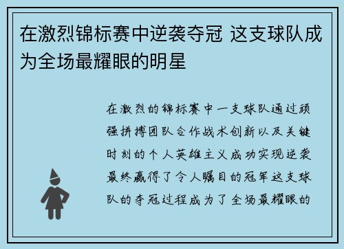 在激烈锦标赛中逆袭夺冠 这支球队成为全场最耀眼的明星
