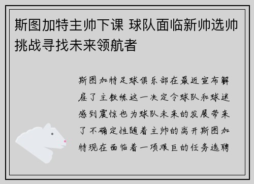 斯图加特主帅下课 球队面临新帅选帅挑战寻找未来领航者