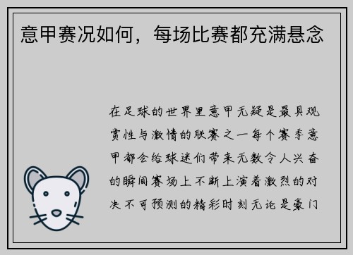 意甲赛况如何,每场比赛都充满悬念