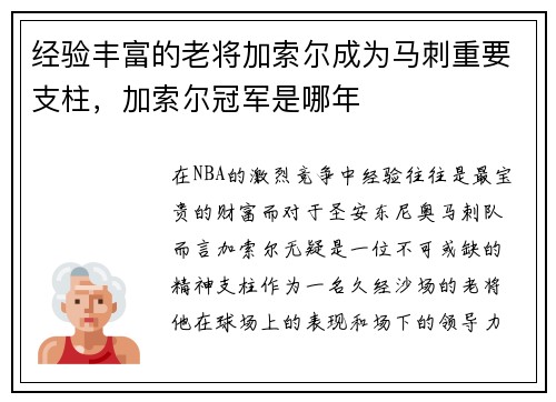 经验丰富的老将加索尔成为马刺重要支柱,加索尔冠军是哪年