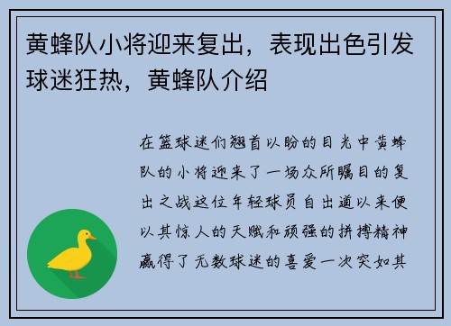 黄蜂队小将迎来复出，表现出色引发球迷狂热，黄蜂队介绍