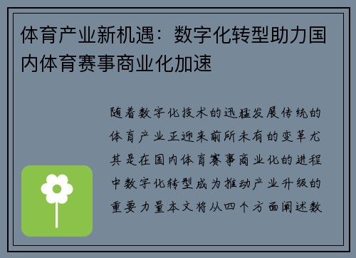 体育产业新机遇：数字化转型助力国内体育赛事商业化加速