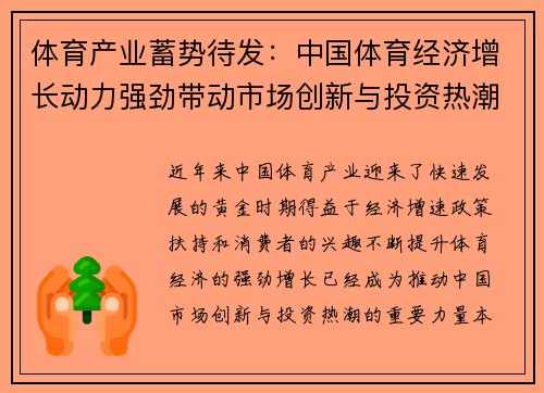 体育产业蓄势待发:中国体育经济增长动力强劲带动市场创新与投资热潮