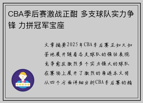 CBA季后赛激战正酣 多支球队实力争锋 力拼冠军宝座