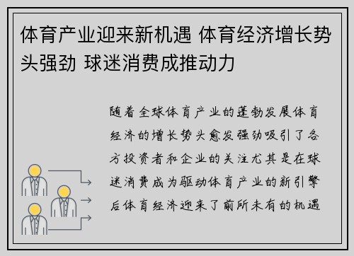 体育产业迎来新机遇 体育经济增长势头强劲 球迷消费成推动力