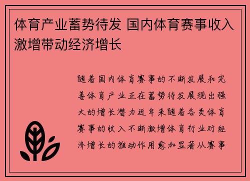 体育产业蓄势待发 国内体育赛事收入激增带动经济增长