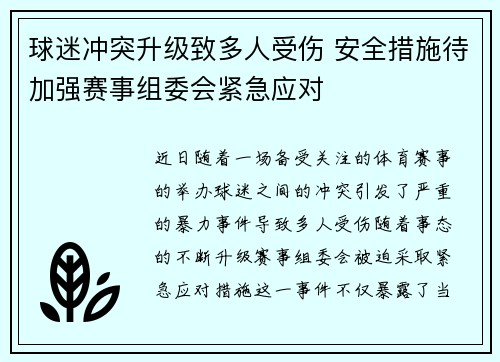 球迷冲突升级致多人受伤 安全措施待加强赛事组委会紧急应对