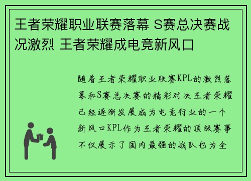 王者荣耀职业联赛落幕 S赛总决赛战况激烈 王者荣耀成电竞新风口