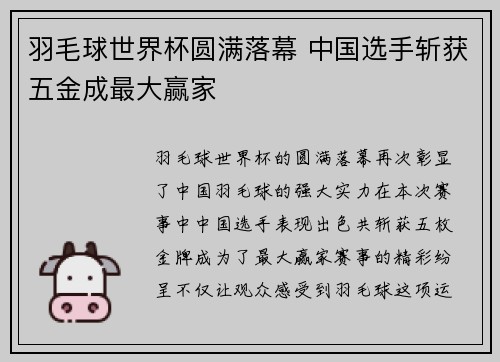羽毛球世界杯圆满落幕 中国选手斩获五金成最大赢家