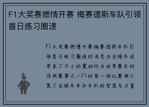 F1大奖赛燃情开赛 梅赛德斯车队引领首日练习圈速
